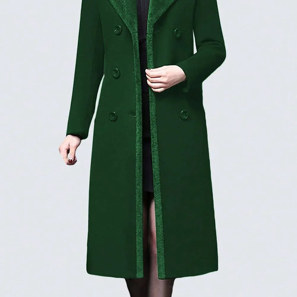 Green Casual Women's Stylish Double-Breasted Notched Lapel Midi Pea Coat - Picture 5 of 5